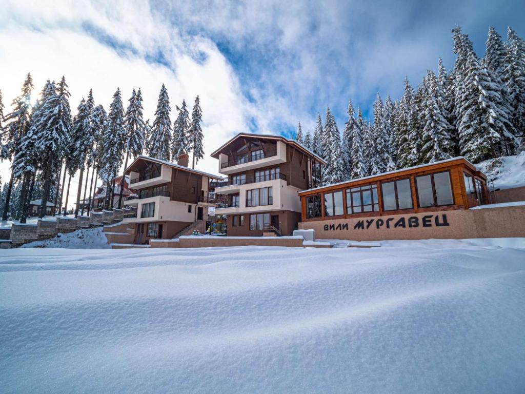 a building in the snow in front of trees at Boutique Villas Murgavets Pamporovo in Pamporovo