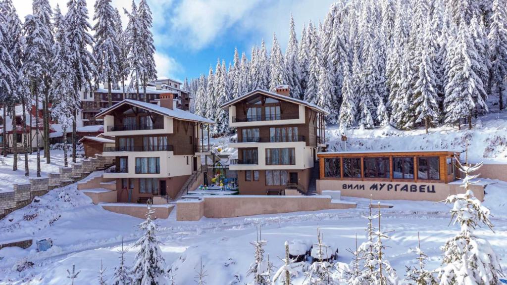 un lodge en la nieve con árboles nevados en Boutique Villas Murgavets Pamporovo, en Pamporovo
