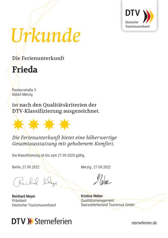 Certifikát, hodnocení, plakát nebo jiný dokument vystavený v ubytování Ferienwohnung Frieda, Merzig
