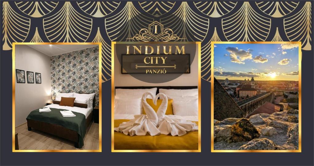 un collage de tres fotos de una habitación de hotel en Indium City Panzió, en Eger