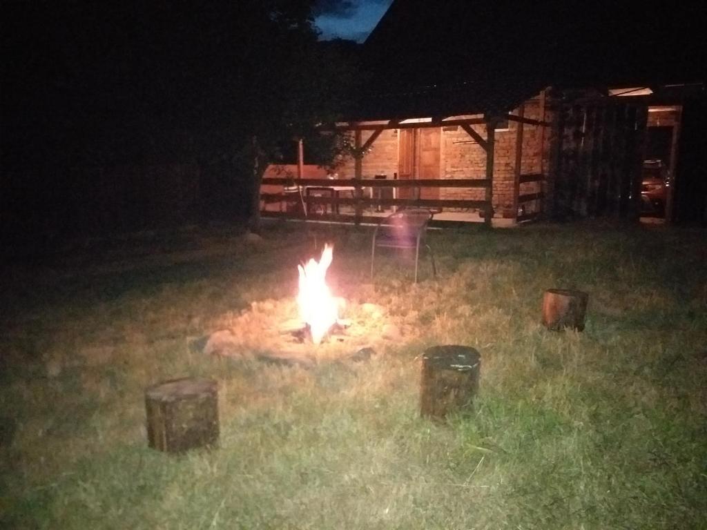 a fire in the grass in a yard at night at Studio cu bucatarie , baie , scara interioara , etaj cu dormitor openspace , curte cu grill, terasa in Borlova