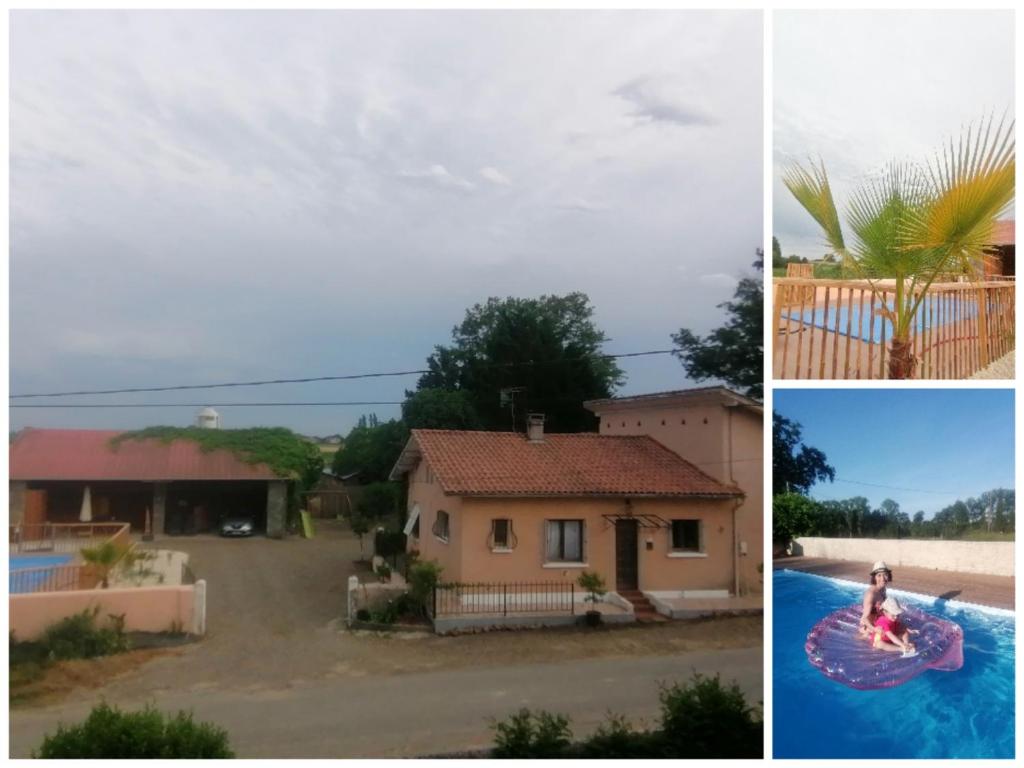 eine Collage mit drei Bildern von einem Haus und einem Pool in der Unterkunft Les Amandiers de Jade in Saint-Agnet