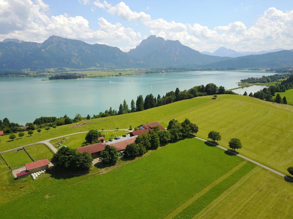 eine Luftansicht eines Hauses auf einem Hügel neben einem See in der Unterkunft Salenberghof Ferienwohnung Panorama in Rieden