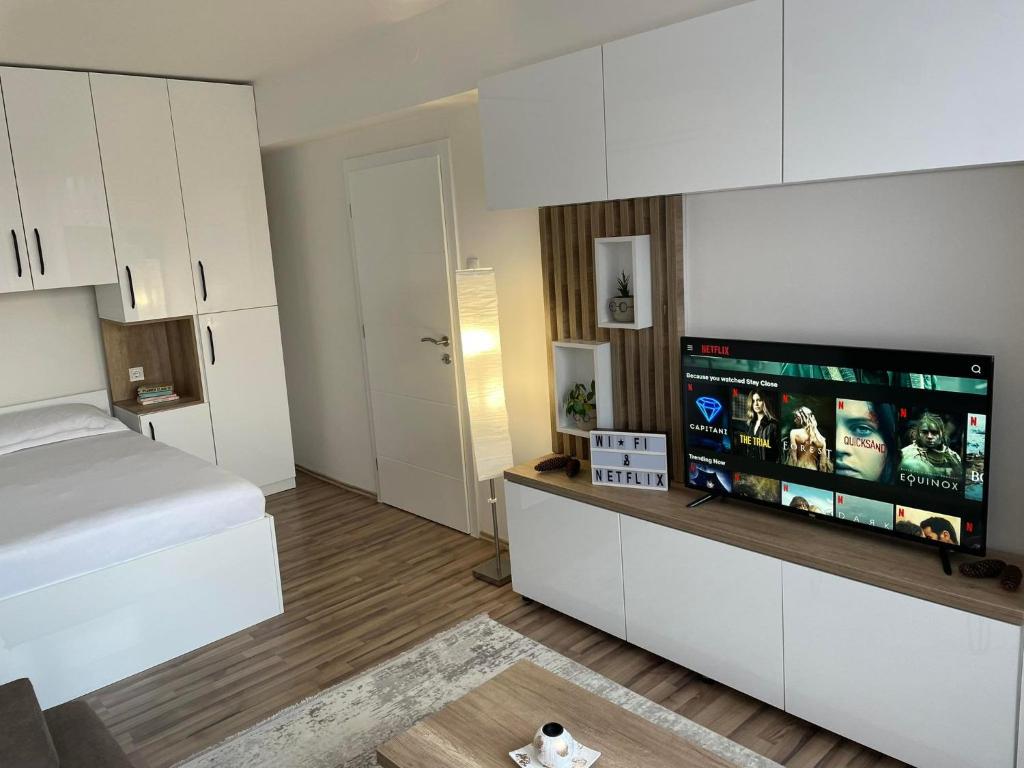 un soggiorno con letto e TV a schermo piatto di OPTIMUM 1 apartment - One bedroom - in core city center a Zenica