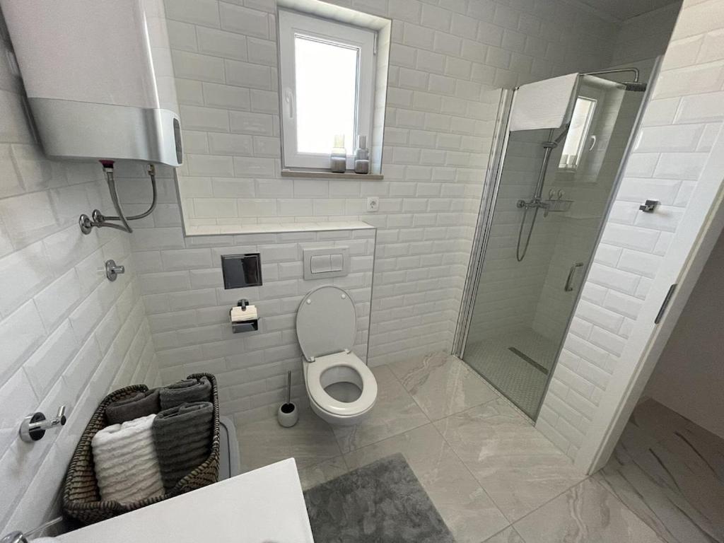 a white bathroom with a toilet and a shower at Island Brac - Villa Vita in Nerežišća