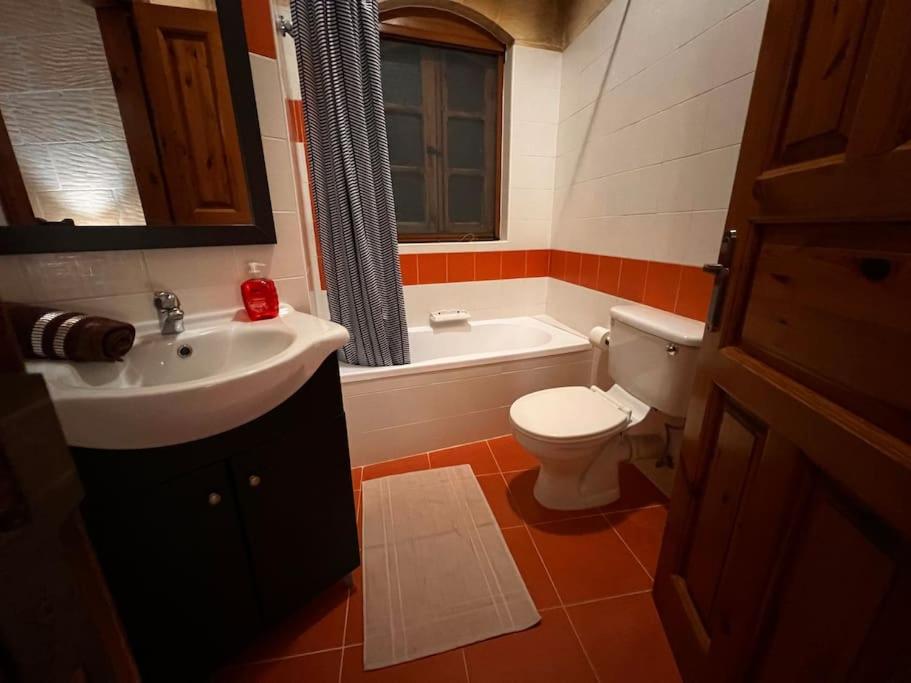 a bathroom with a sink and a toilet and a tub at Ta’ Peppi Farmhouse in Qala