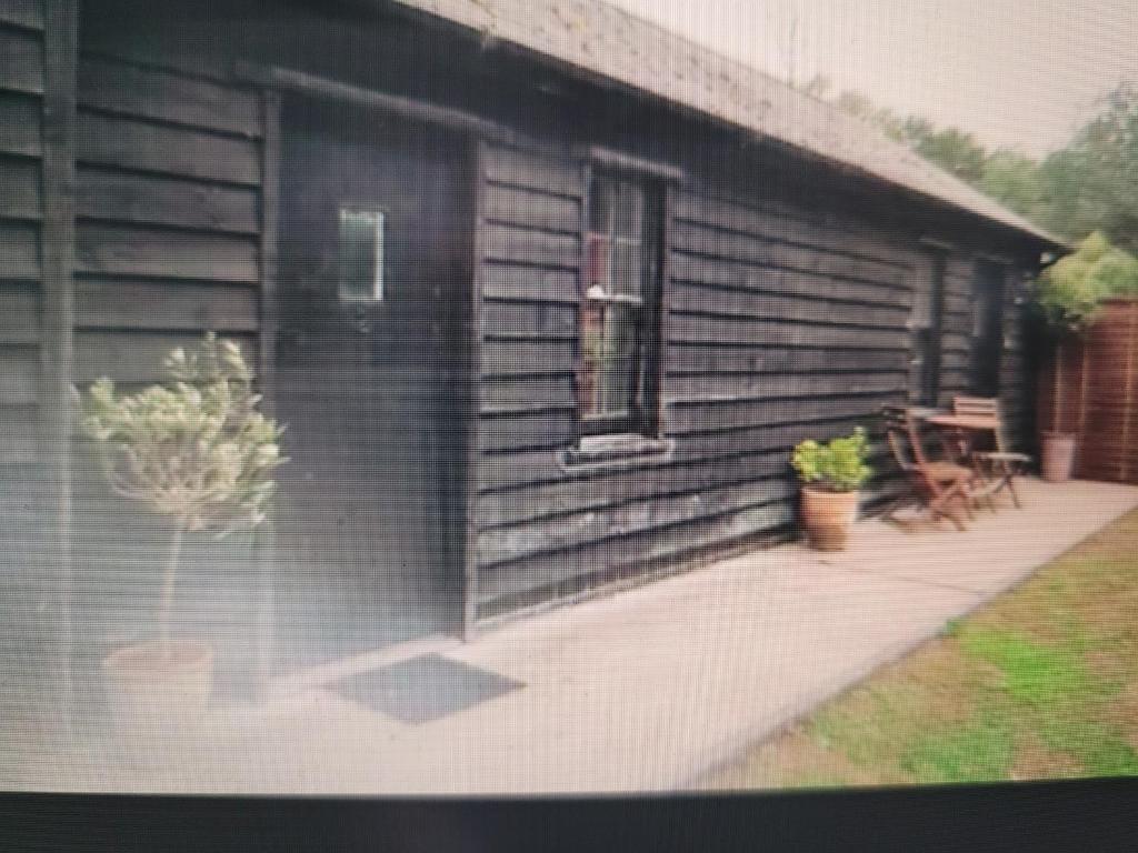 Cabaña de madera con porche y ventana en Donkey & Buskins en Colchester