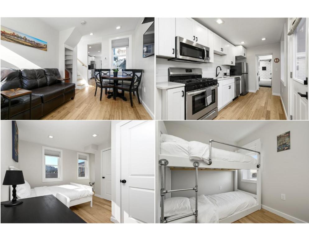 three different views of a kitchen and a living room at Cozy Ba Townhome Near Little Italy I Fells Point in Baltimore