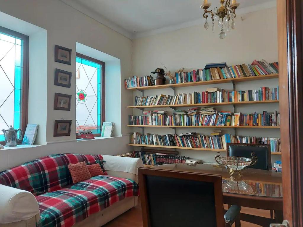 uma sala de estar com um sofá e prateleiras de livros cheias de livros em La Cara Oculta de Salta, bed and breakfast em Salta