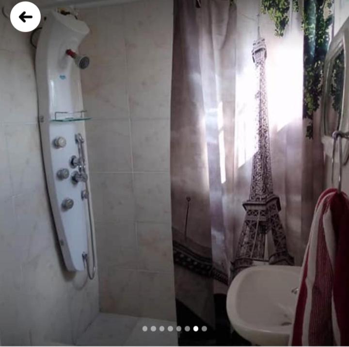 uma casa de banho com chuveiro e torre Eiffel em Monoambiente, a 8 cuadras del centro a 13 decostanera em Corrientes