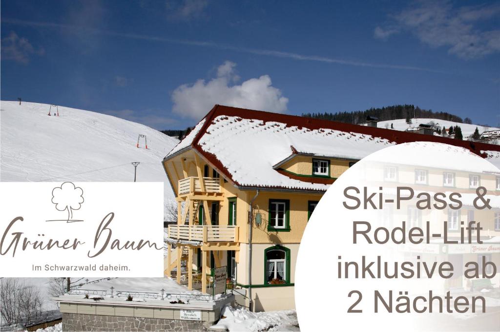 un edificio con la neve sopra di esso di Grüner Baum Naturparkhotel & Schwarzwald-Restaurant a Todtnau