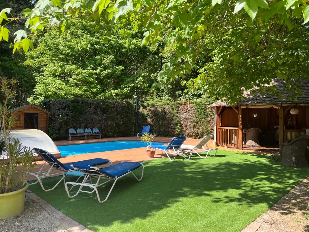 a yard with chairs and a swimming pool at Domaine de Pipangaille in Andancette