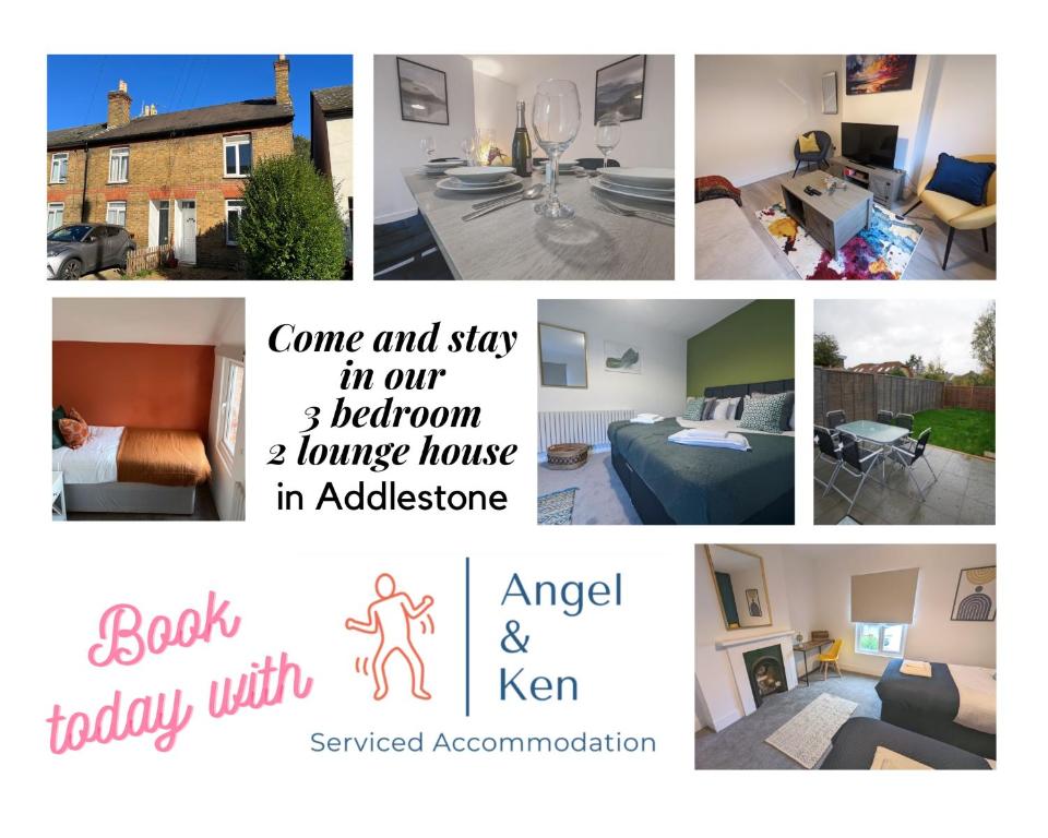 un collage de fotos de una casa en 3 Bed 2 Lounge House up to 40pc off Monthly in Addlestone by Angel and Ken Serviced Accommodation Great Value for Long-term Stay en Addlestone