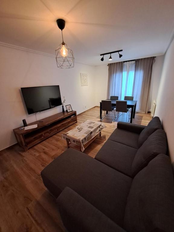 Una sala de estar con un sofá y un televisor de pantalla plana. en Apartamento la moraña, en Arévalo