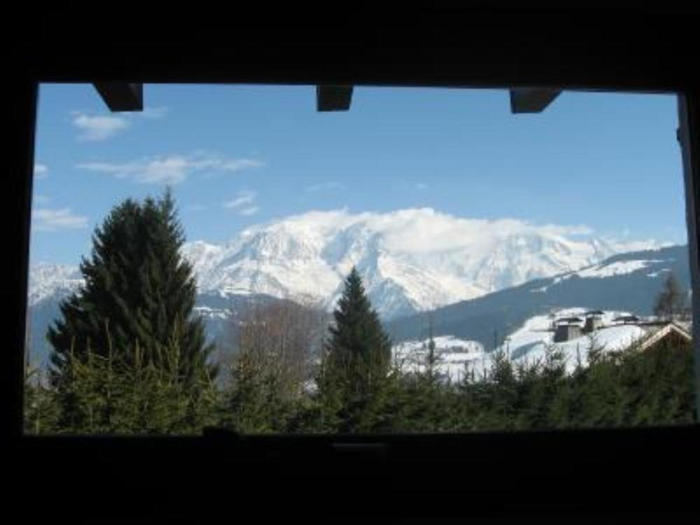 a view of a snow covered mountain from a window at Les Mules in Combloux
