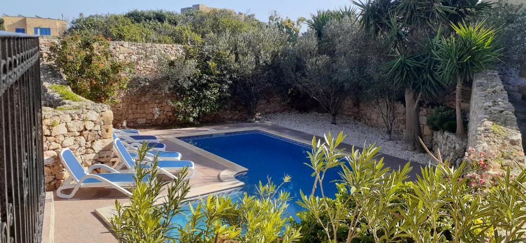 a swimming pool in a garden with two blue chairs at Ta’ Peppi Farmhouse in Qala