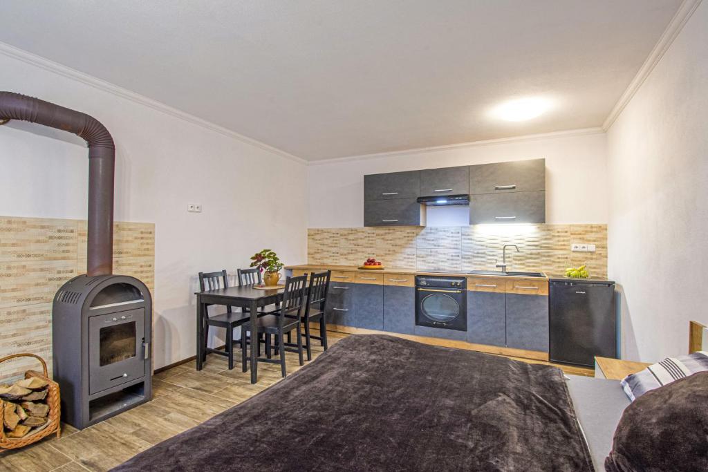 - une cuisine et une salle à manger avec un poêle à bois dans l'établissement apartmán 1kk Zlámanka, à Kroměříž