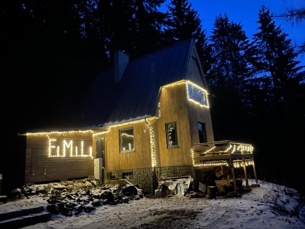 una casa con luci sul lato di essa di notte di Chalet FiMiLi a Vyšná Boca