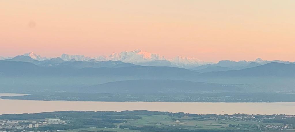 a view of a lake and mountains in the distance at La Romély in Arzier