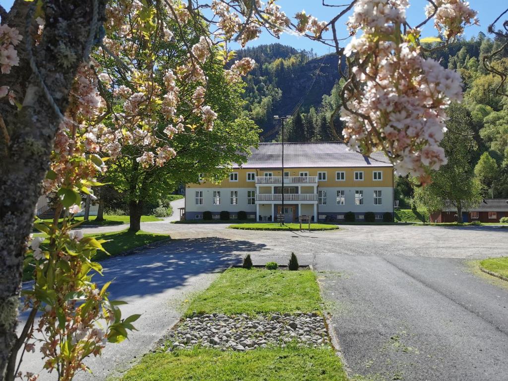 a building with a flowering tree in front of a road at Kvåstunet in Lyngdal