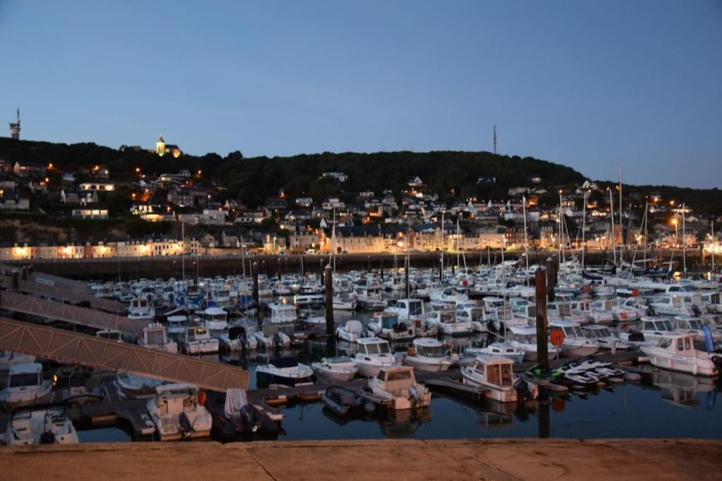 un groupe de bateaux amarrés dans un port de plaisance la nuit dans l'établissement Charmant Studio avec vue sur le port et falaises, à Fécamp