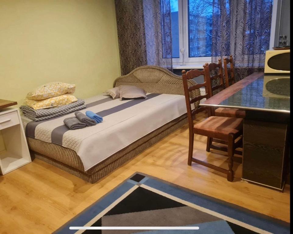 1 dormitorio con 1 cama, 1 silla y 1 ventana en Uus 13b, Beautiful 3-bedroom Apartment - 3 big beds en Tartu