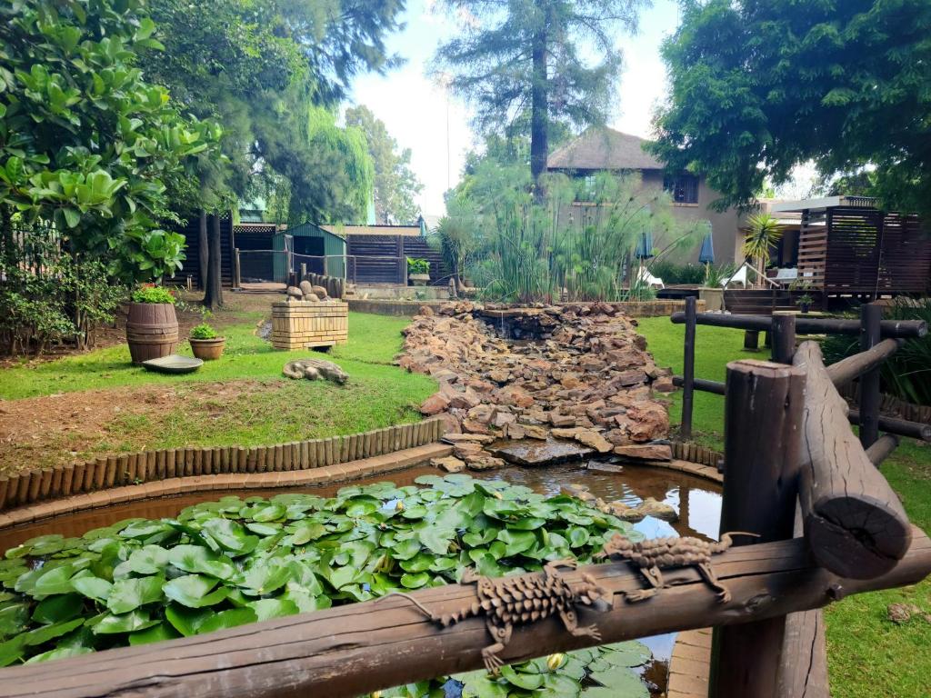 a pond with a bunch of plants in a yard at Goodnight Guest Lodge in Johannesburg