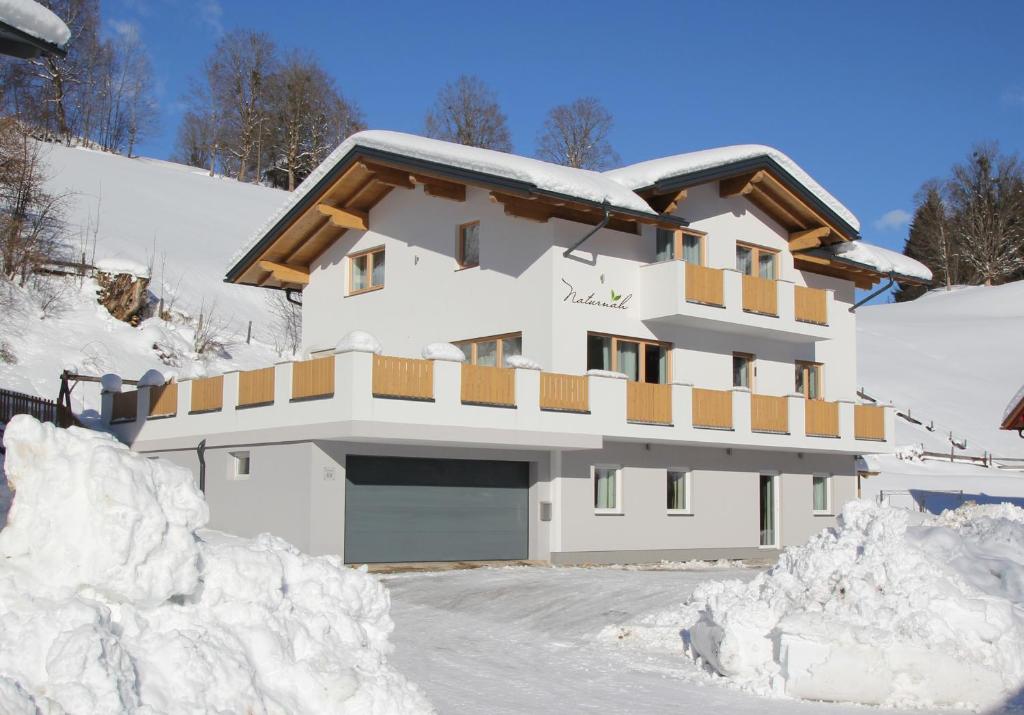 a house with a lot of snow around it at Appartements Naturnah in Schladming