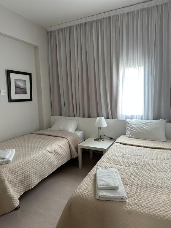 Habitación de hotel con 2 camas y ventana en Mini Art House en Nicosia