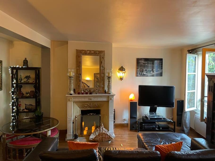 a living room with a fireplace and a tv at Appartement sur le parvis de la cathédrale in Senlis