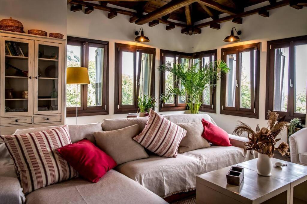 a living room with a gray couch with red pillows at Villa Melissa Tsagarada in Tsagarada