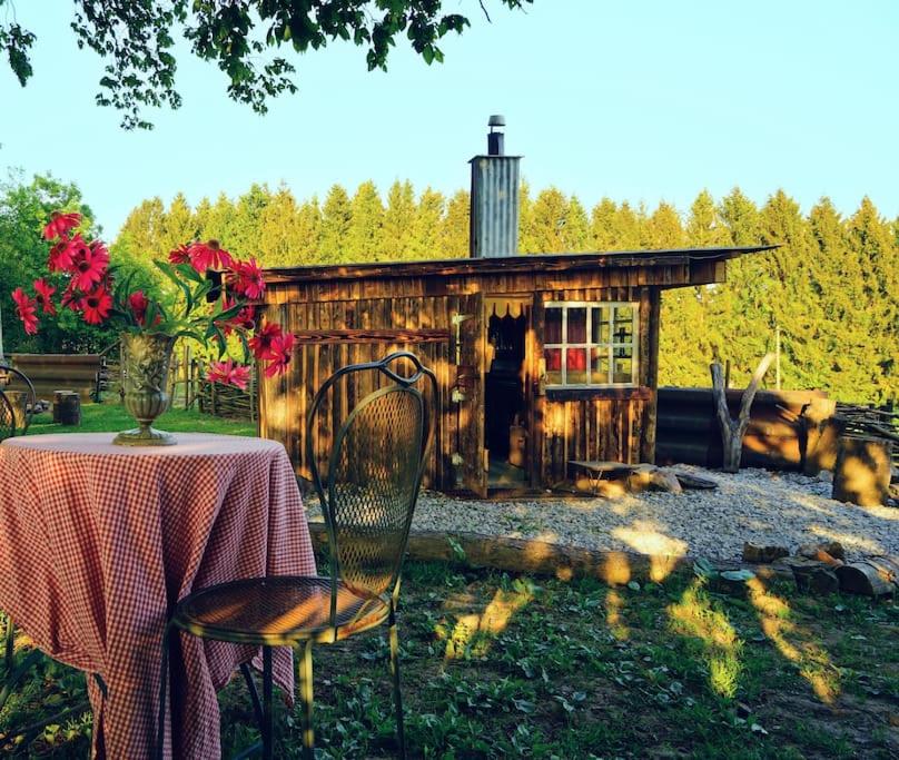 een tafel en stoelen voor een open haard bij Privéparadijs,Houtvuur,Ongerepte natuur, Ardennen. in Éteignières