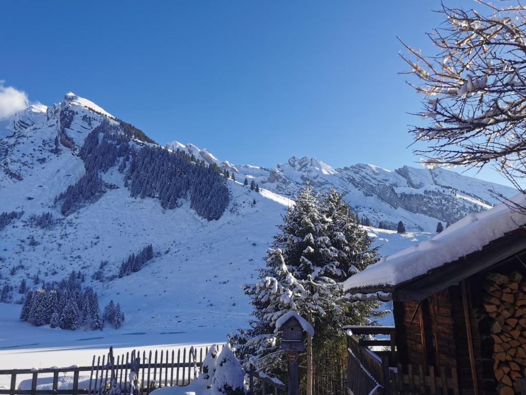 a house with a snow covered mountain in the background at Hôtel du Lac des Confins in La Clusaz