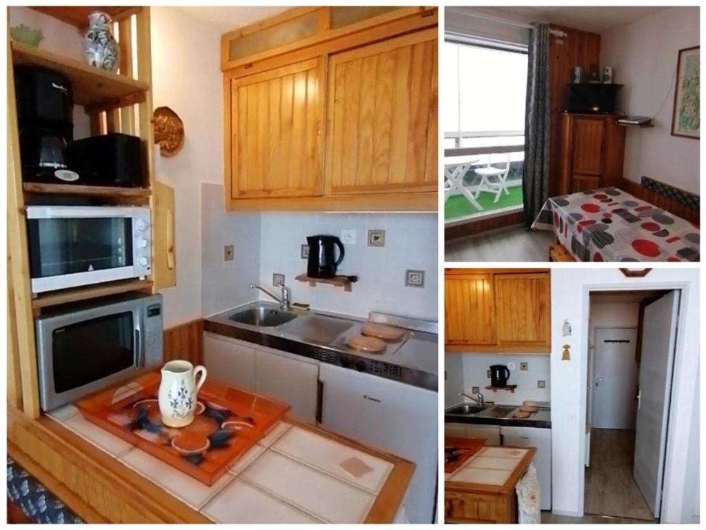 two pictures of a kitchen with a sink and a microwave at Studio Montagne à la Pierre St Martin in Arette