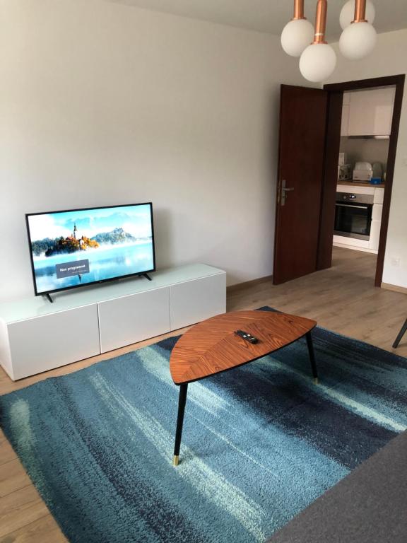 uma sala de estar com uma televisão e uma mesa de centro em Joli appartement dans une maison remise à neuf em Mittelhausbergen