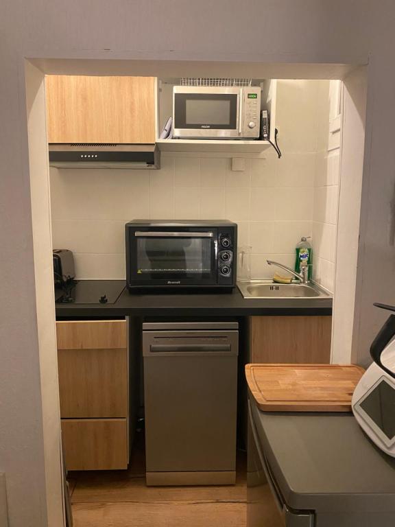 uma pequena cozinha com um micro-ondas e um lavatório em Appartement cozy em Montpellier