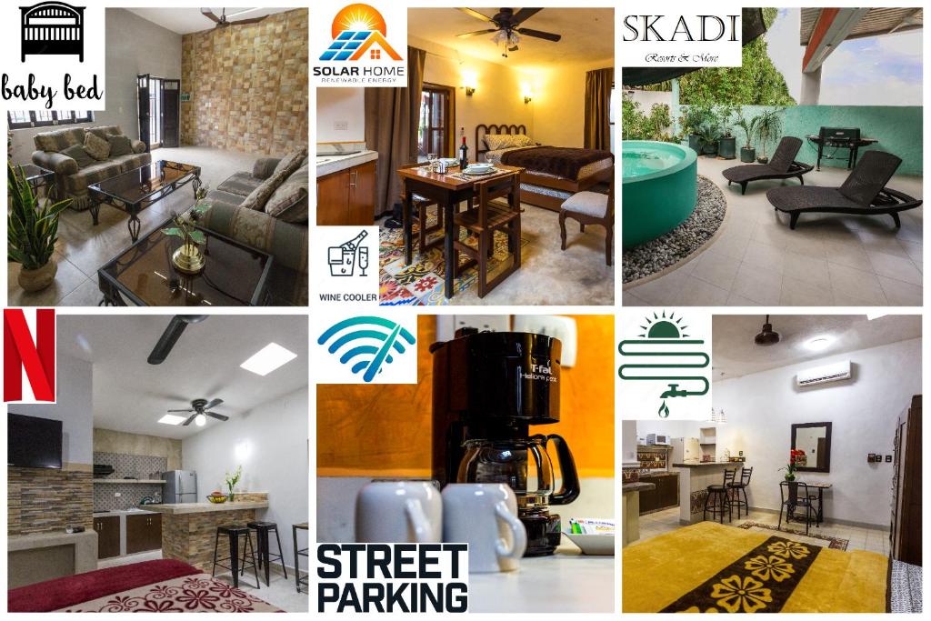 een collage van foto's van een woonkamer en een keuken bij Merida Serviced Apartments in Mérida