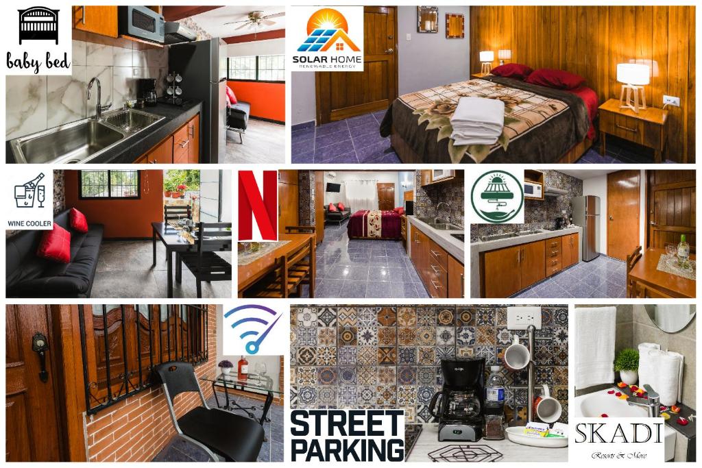 een collage van foto's van een keuken en een slaapkamer bij Suite Studio Serviced Apartments in Mérida