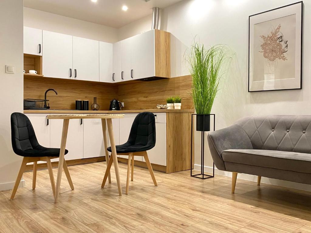 uma cozinha e sala de estar com mesa e cadeiras em Nowoczesny Apartament w Dzierżoniowie - parter - balkon - pokój + sypialnia em Dzierżoniów