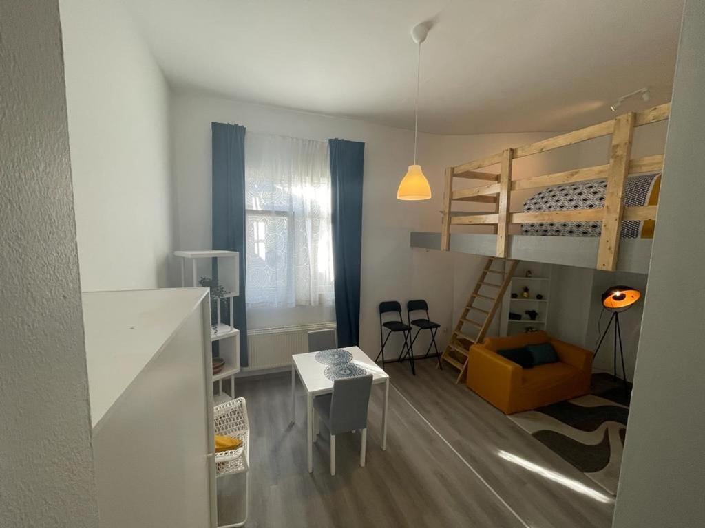 シャルルロワにあるSofieflat - Wallifolieのデスク、二段ベッドが備わる小さな客室です。