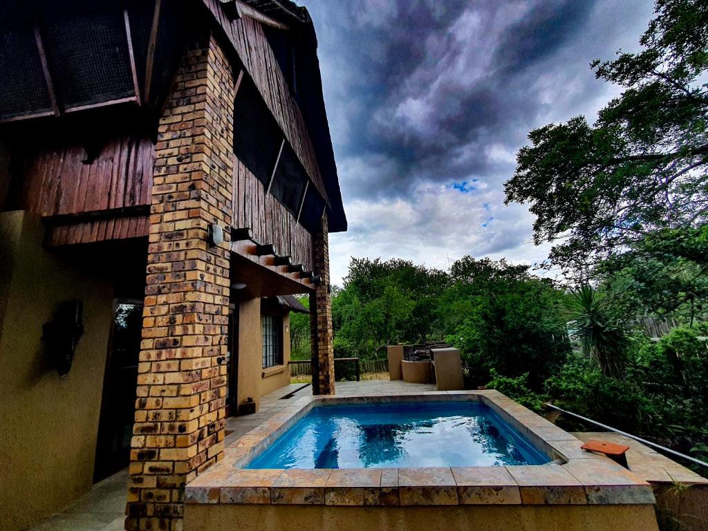 a swimming pool on the outside of a house at Adventure Bush House II in Marloth Park