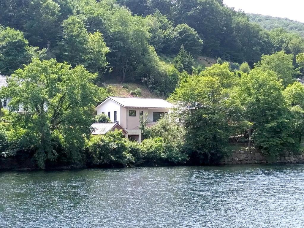 ein Haus am Ufer eines Sees in der Unterkunft Ferienhaus 'Freund am See' 3 in Heimbach