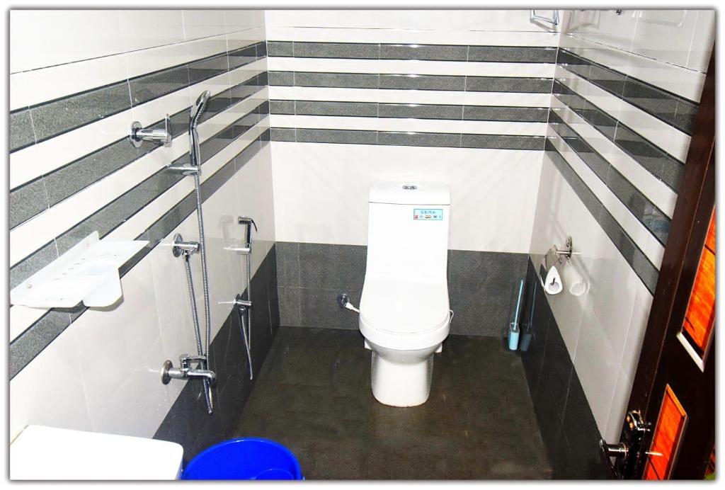 a bathroom with a white toilet and black and white stripes at Munroe Inn Homestay in Kollam