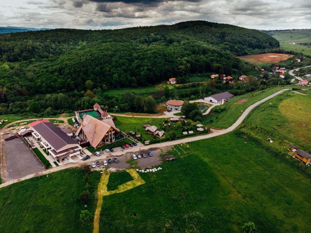 eine Luftansicht eines Hauses auf einem grünen Feld in der Unterkunft Pension Domeniul Regilor in Ciurila