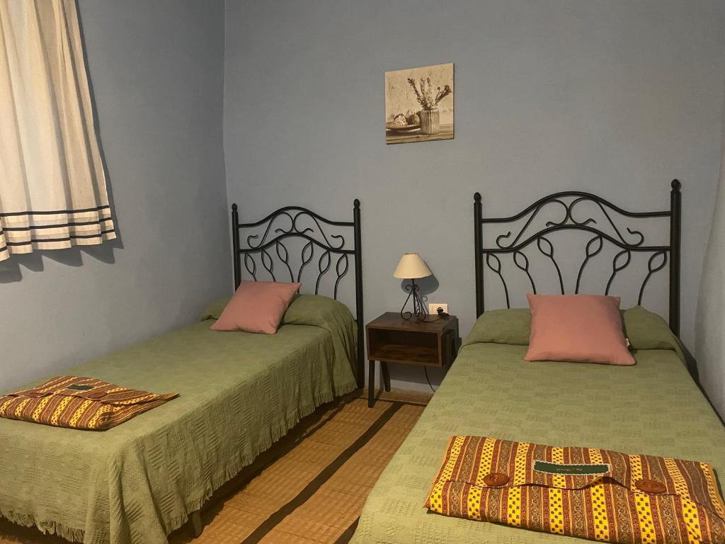 1 dormitorio con 2 camas con sábanas verdes y almohadas rosas en Casa Rural Les Caixes, en Sant Mateu