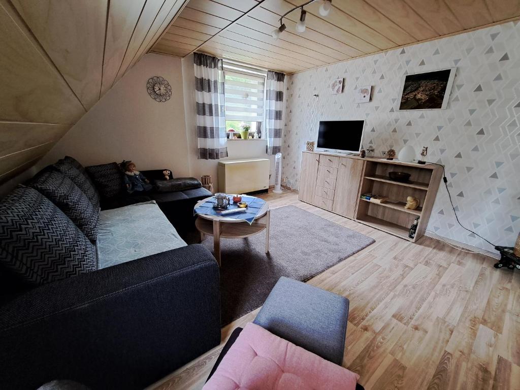 ein Wohnzimmer mit einem Sofa und einem TV in der Unterkunft Ferienwohnung Sonja mit Garten und Freisitz in Steinwiesen