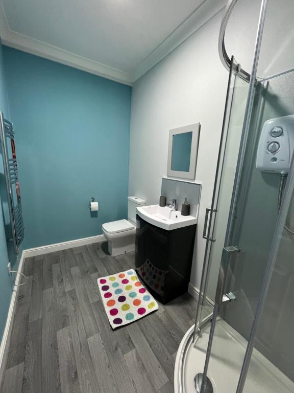 a bathroom with a toilet and a sink and a shower at The waterfront in Tarbert
