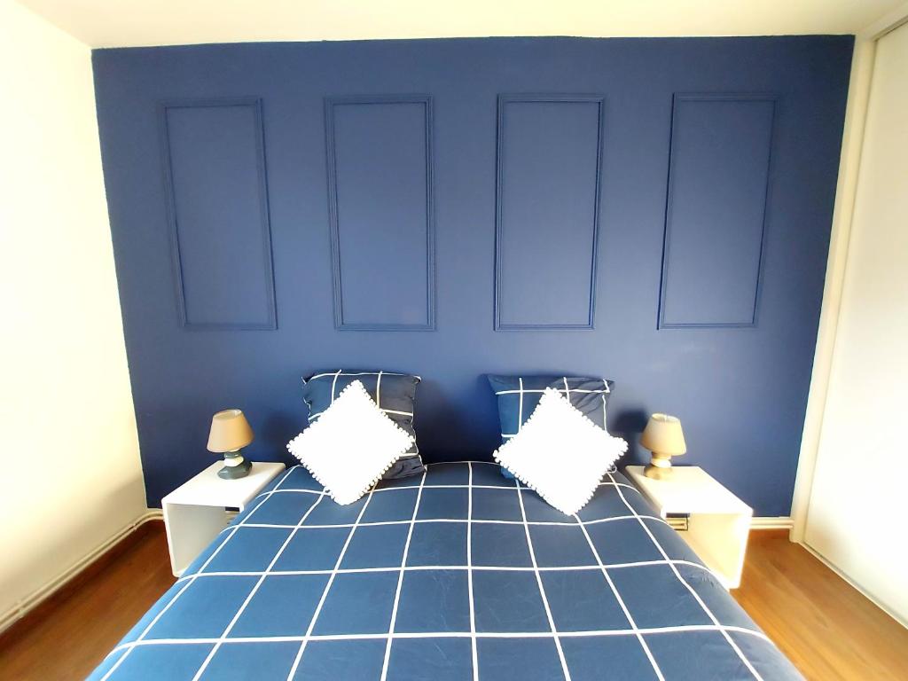ein blaues Zimmer mit einem Bett mit zwei Kissen in der Unterkunft Appart' Fabriques 2 - Mulhouse centre in Mulhouse