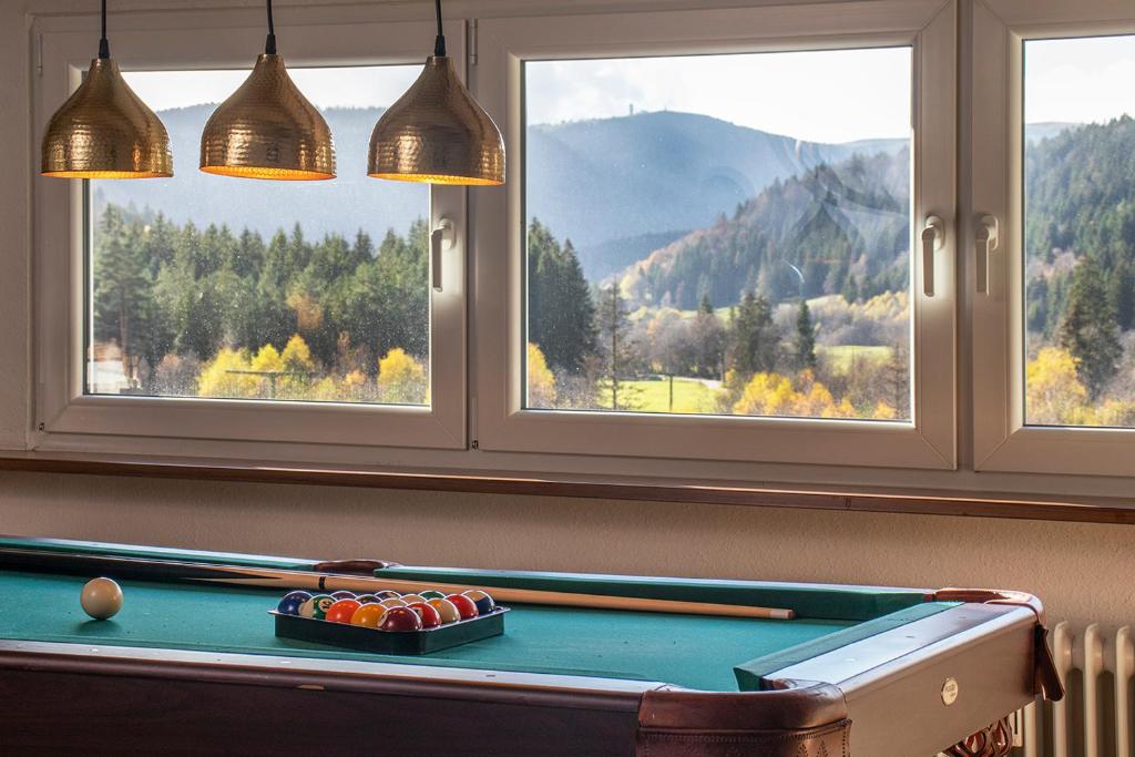 a pool table in front of two windows with a view at BlackNCozy - Großzügiges Designappartement mit Boxspringbetten und Heimkino in Feldberg