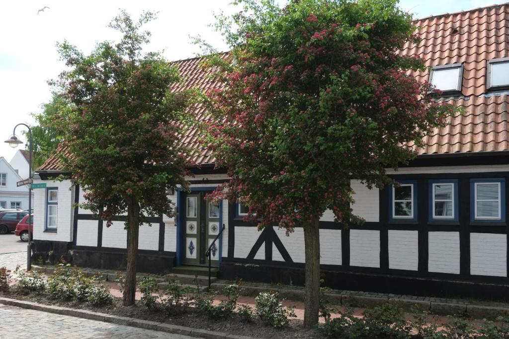 una casa en blanco y negro con dos árboles delante en Wohnen am Dehnthof Haus 1, en Kappeln